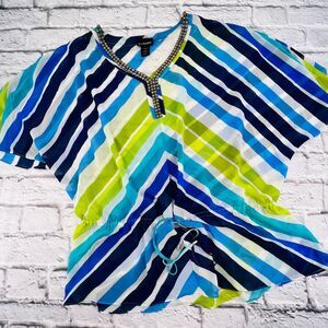 Lane‎ Bryant Blouse Women's 18/20 Plus Multicolor Stripe Sheer Tie Waist Top